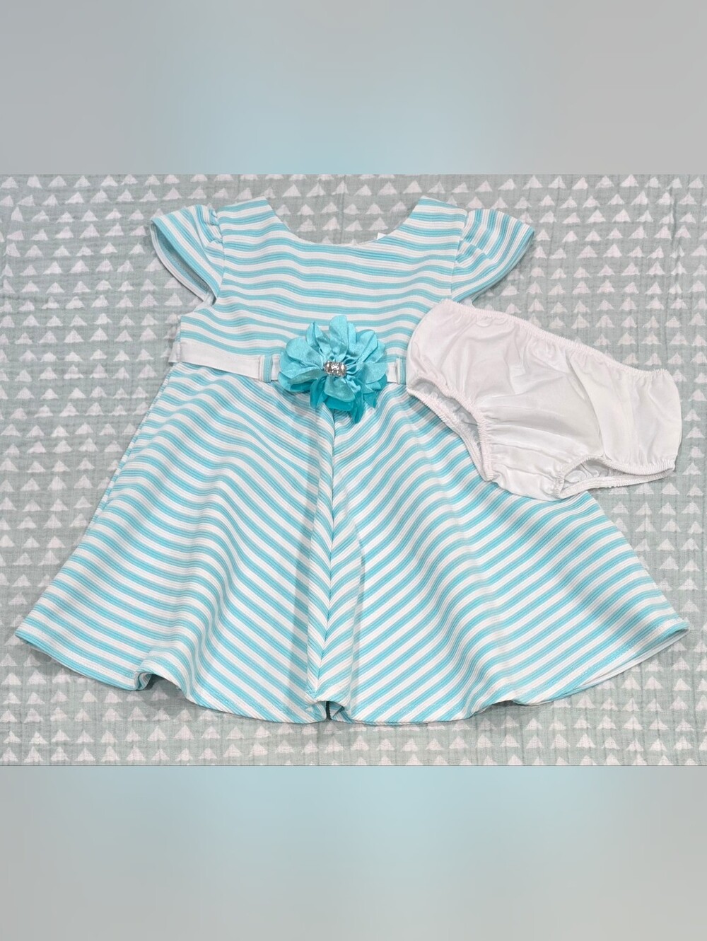 Teal & White Striped Dress & Bloomers - 24M